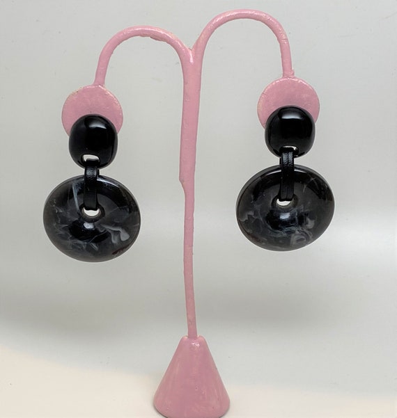 Danish Designer Black Marbleized Resin & Leather Pierced Earrings Monies Style