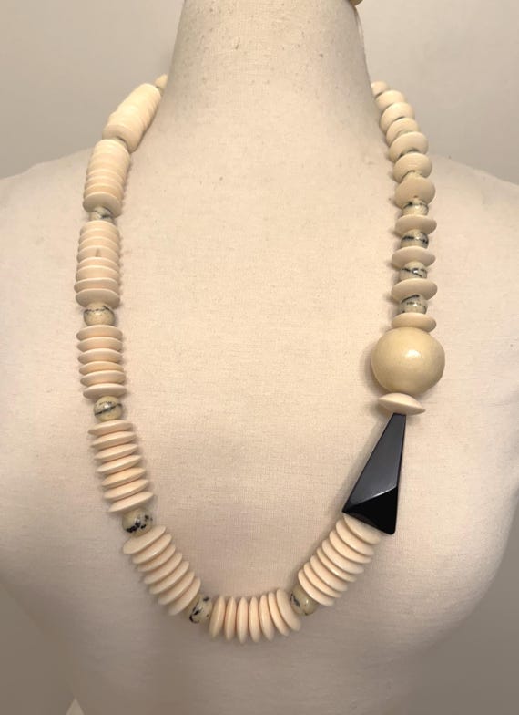 Vintage Statement Cream Color Resin & Wood Long Necklace