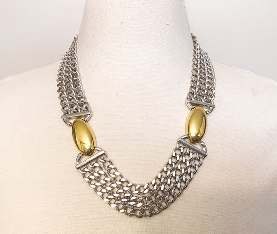 Gorgeous Silver & Gold Tone Chain Signed Monet Necklace
