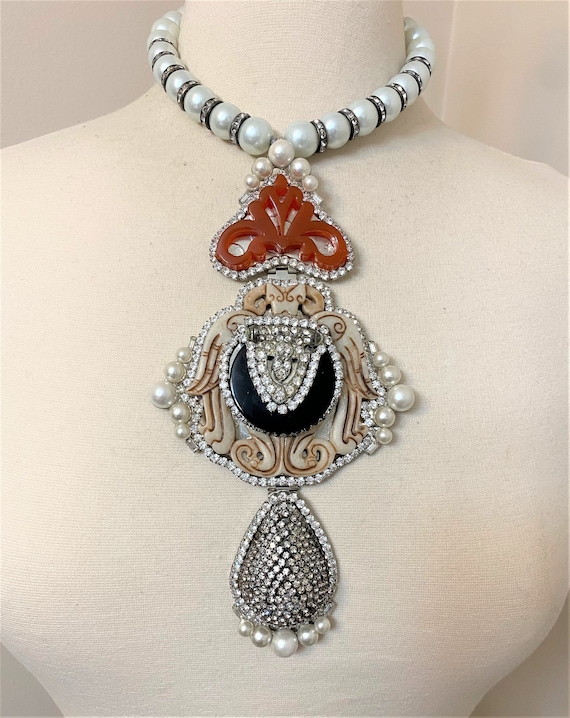 Lawrence Vrba Art Deco Faux Pearl & Rhinestone One of A Kind Necklace