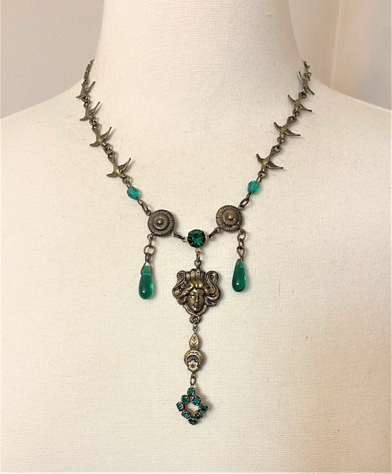 Vintage Art Nouveau Czech Birds Chain & Green Glass Necklace