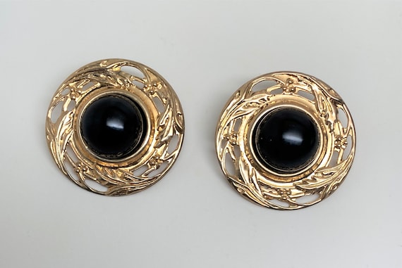 Vintage Gold Tone & Black Cabochon Clip On Large Earrings