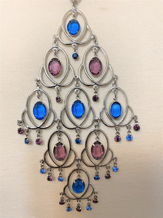 Vintage Silver Tone Blue, Purple Rhinestones & Crystal Bezel Pendant Necklace