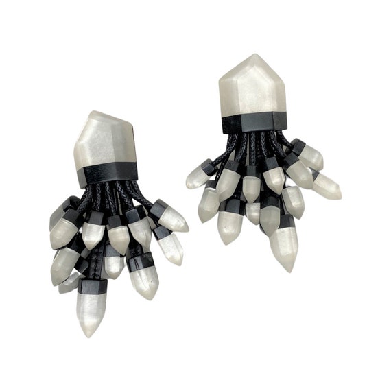 Designer Gerda Lynggaard-Monies Silver Foil Acrylic, Leather & Ebony Earrings