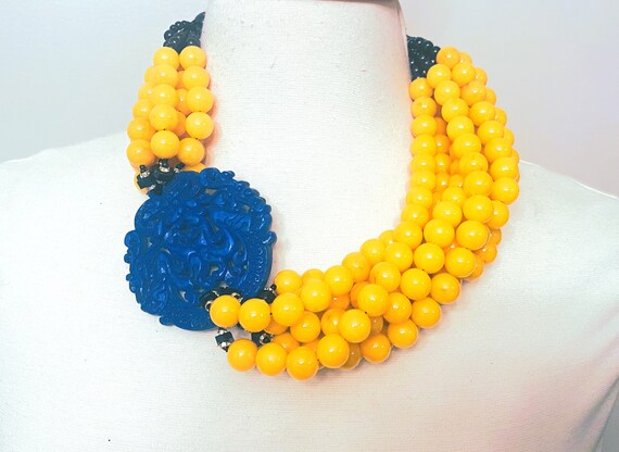Exquisite Yellow Color Resin Beads & Blue Dyed Jade Necklace With Rhinestone