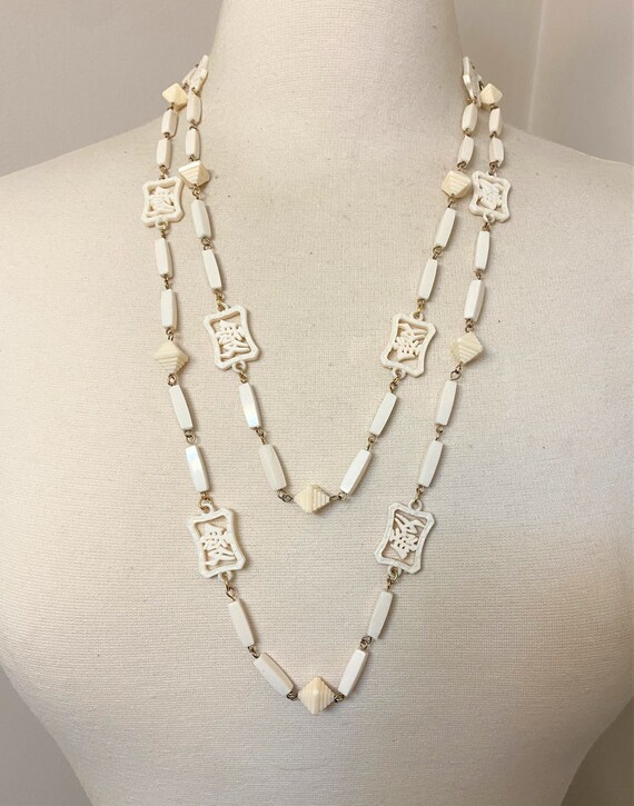 Vintage Buffalo Horn Delicate Asian Motive Long Necklace 54"