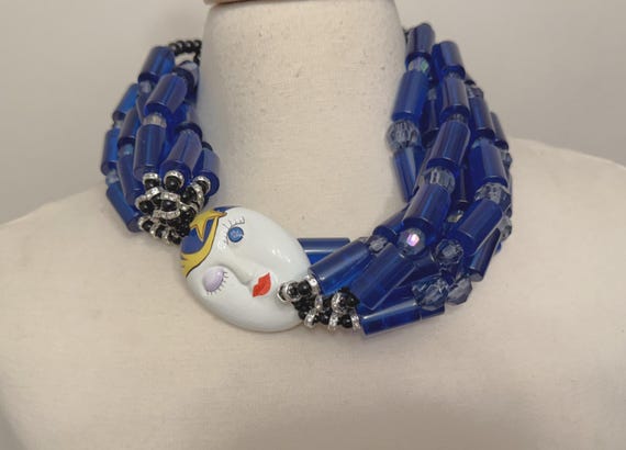 Art Deco Style Enamel Face Mask Blue Acrylic Beads, Rhinestones Necklace