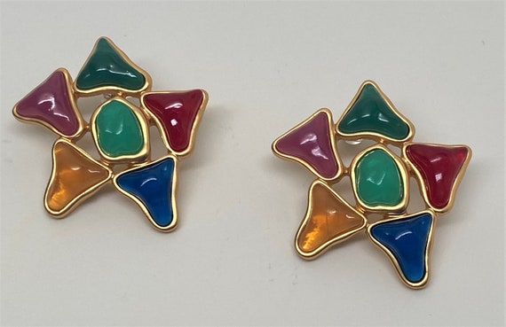 Vibrant Multi Color Resin Gripoix Cabochon Gold Plated Pierced Earrings