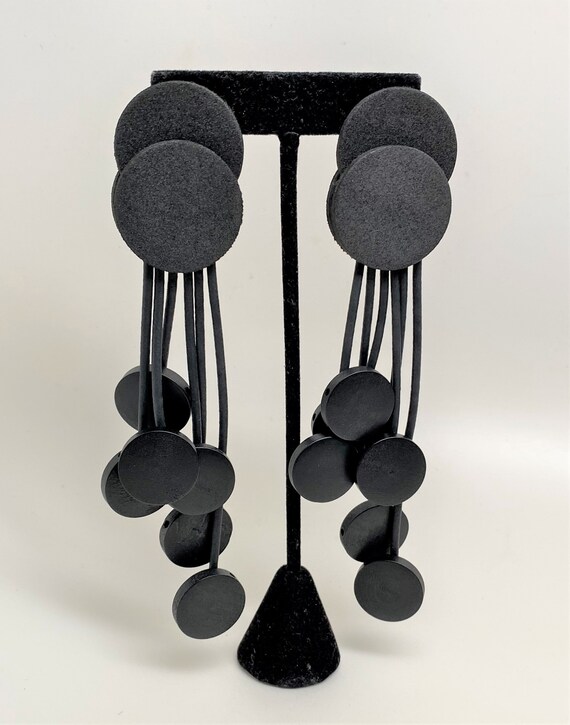 Gorgeous Black Rubber & Ebonize Wood Long Dangle Pierced Earrings 5 1/2"