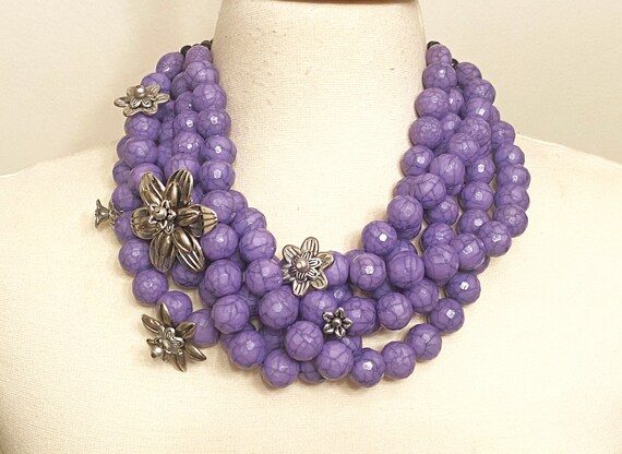Gorgeous Purple Marbleized Resin Beads Silver Tone Flowers Multi Strand Necklace