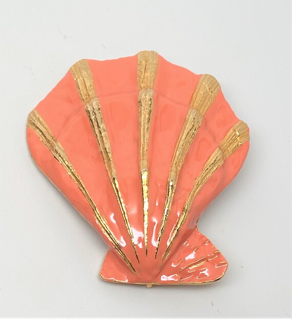 Vintage Kenneth Jay Lane KJL Coral Color Enamel Seashell Pin Brooch