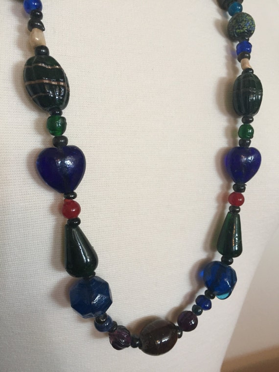 Gorgeous Antique Czech Glass Beads Cobalt Blue & Multi Color Necklace