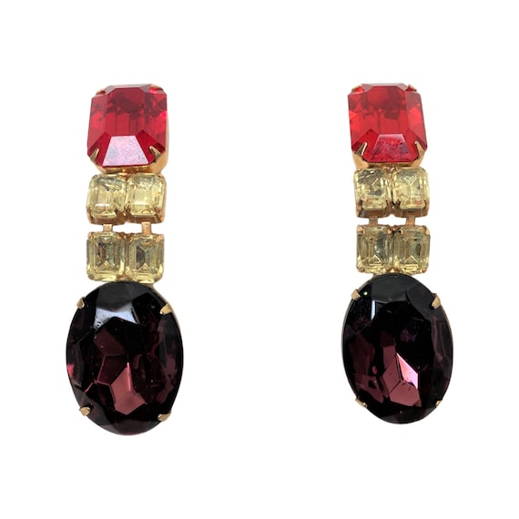 Gorgeous Vintage Red, Yellow & Purple Rhinestones Dangle Clip on Earrings