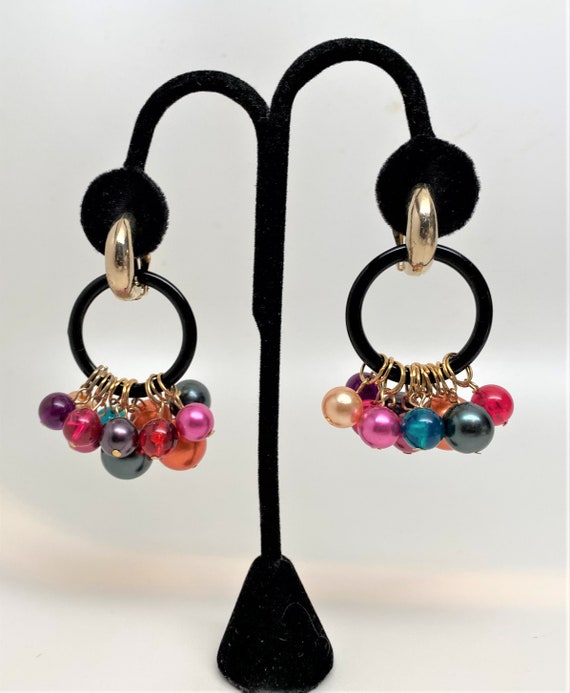 Vintage Black Acrylic & Multi Color Beads Dangle Clip On Earrings