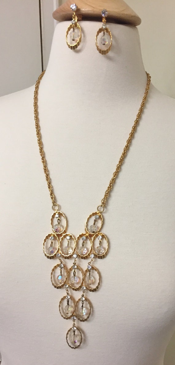 Vintage Crystal Aurora Borealis Dangle Gold Pendant Necklace & Earrings