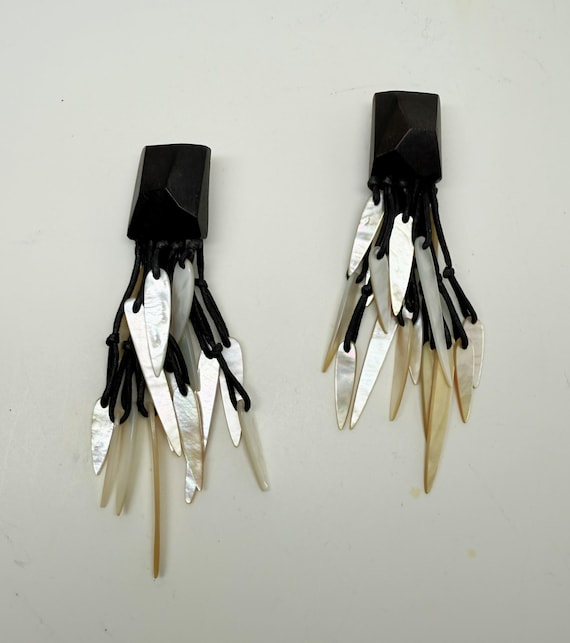 Gerda Lynggaard-Monies Large Carved Wood & Mother of Pearl Shell Earrings