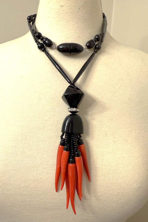 ANGELA CAPUTI Black & Red Pepper Resin With Rhinestones Long Necklace