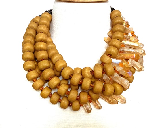 Stunning Light Brown Beads & Faux Crystal Glass Multi Strand Necklace