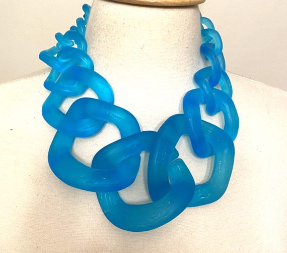 Gorgeous Blue Neon Lucite Chain Resin Statement Necklace