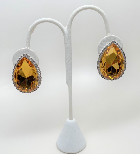 Vintage Silver Tone Large Faceted Crystal & Clear Rhinestones Clip On Earrings