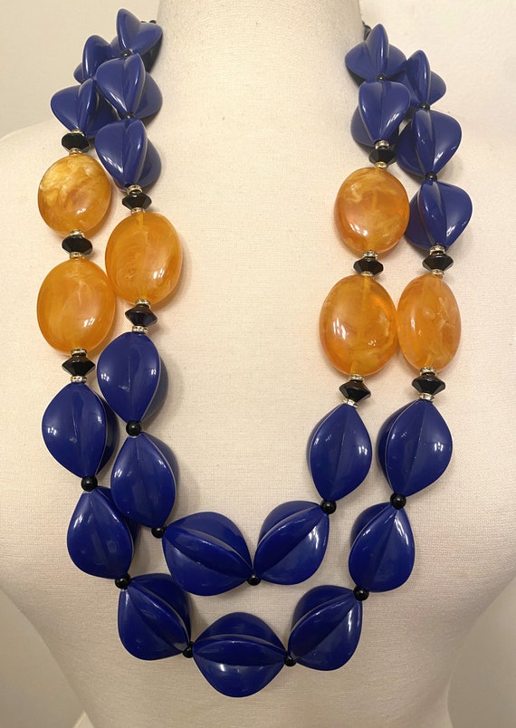 Gorgeous Modernistic Blue & Yellow Two Strand Necklace Rhinestones Rondelle