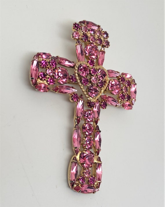 Stunning Vintage Large Pink Rhinestones Cross Bro… - image 2