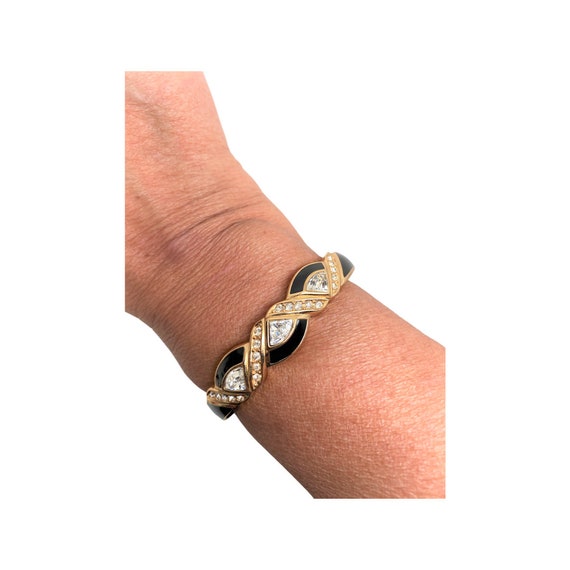 Vintage signed CHRISTIAN DIOR Black Enamel & Rhinestone Hinged Bangle Bracelet