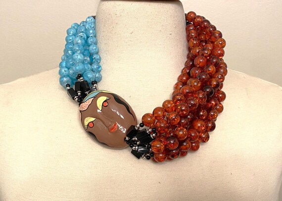 Gorgeous Art Deco Style, Blue & Brown Acrylic Beads, Rhinestones Necklace