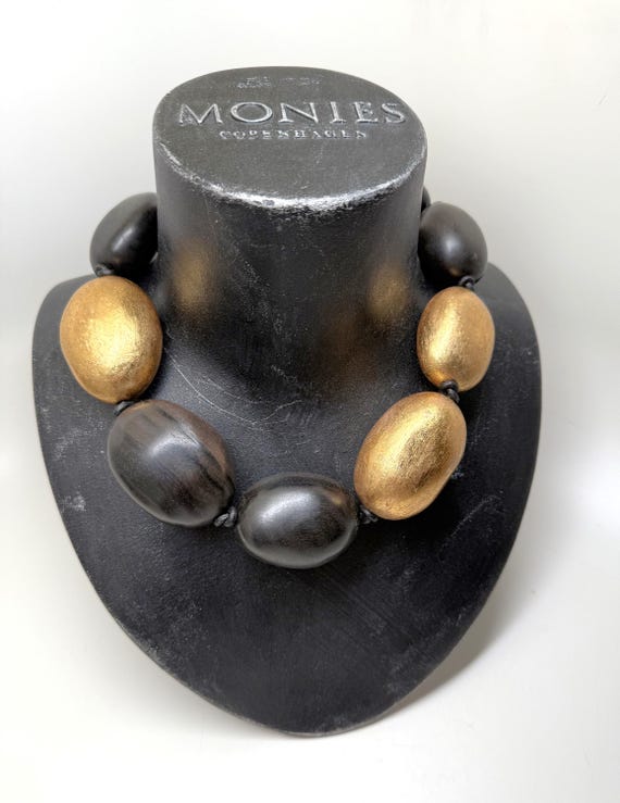 Gerda Lynggaard Monies Ebony & Gold Foil Wood Beads Statement Necklace