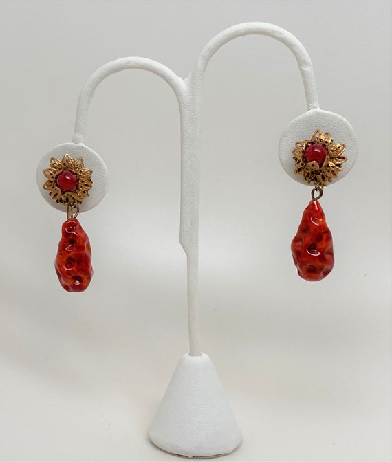 Vintage Signed Miriam Haskell Filigree Flower Red Glass Dangle Earrings