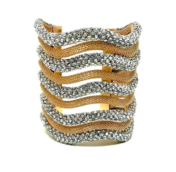 Gold Tone Mesh & Pave Rhinestones Wide Cuff Bracelet