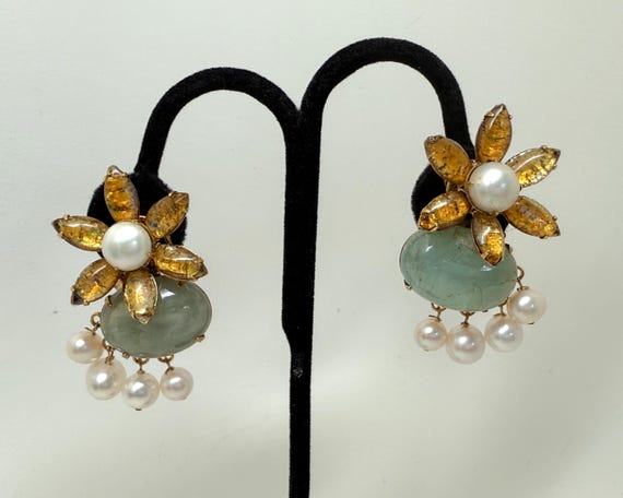 Iradj Moini Aquamarine, Pearl & Art Glass Flower Clip On Earrings