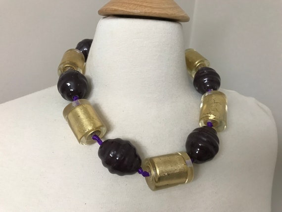 Stunning Couture Lucite Gold Leaf & Purple Beads … - image 3