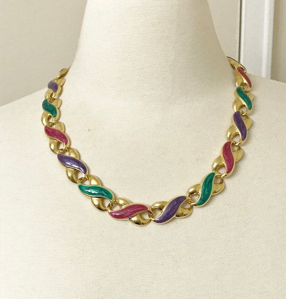 Beautiful Purple, Green & Red Enamel Gold Tone Necklace