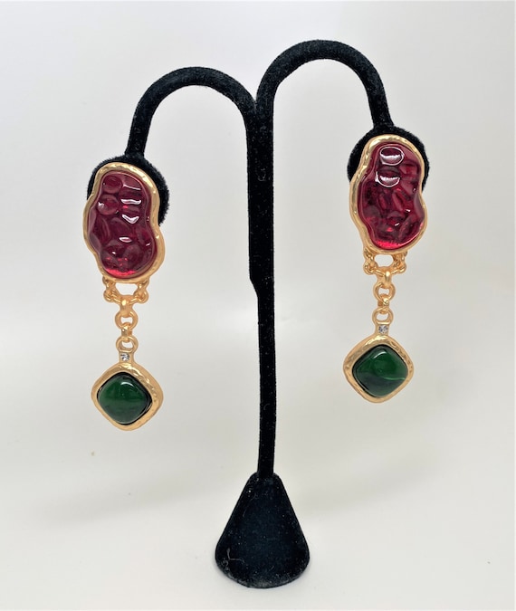 Gold Plated Red, Green Resin Cabochon & Rhinestone Clip on Dangle Earrings