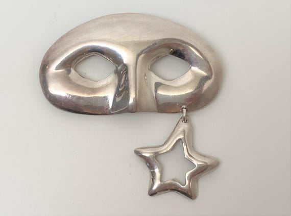 Vintage Mexico Sterling Sliver Mask W Star Tear Pin Brooch