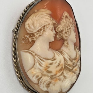 Antique Exceptional Details Large Victorian Sterling Cameo Two Ladies Brooch image 5