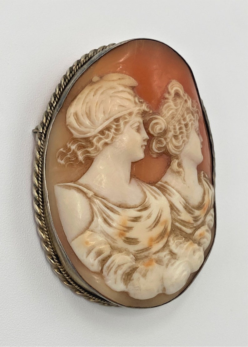 Antique Exceptional Details Large Victorian Sterling Cameo Two Ladies Brooch image 5