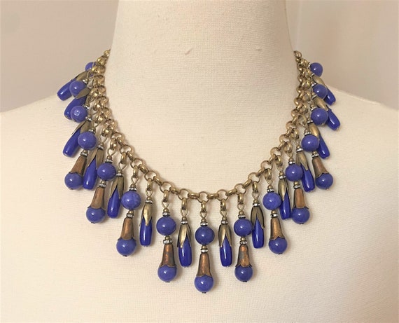 Vintage Antique Brass & Blue Glass, Rhinestone Dangle Necklace