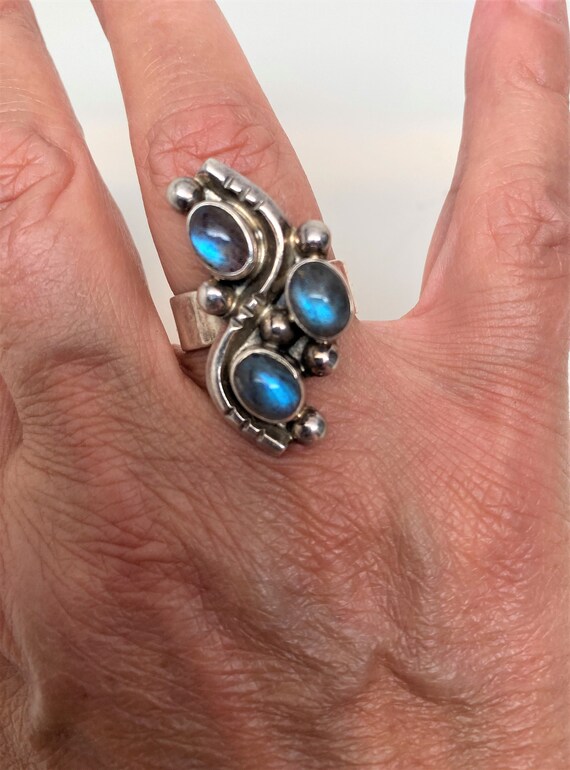 Sterling Silver 925 Three Natural Labradorite Cabochons Handmade Ring 7.5