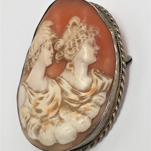Antique Exceptional Details Large Victorian Sterling Cameo Two Ladies Brooch image 4