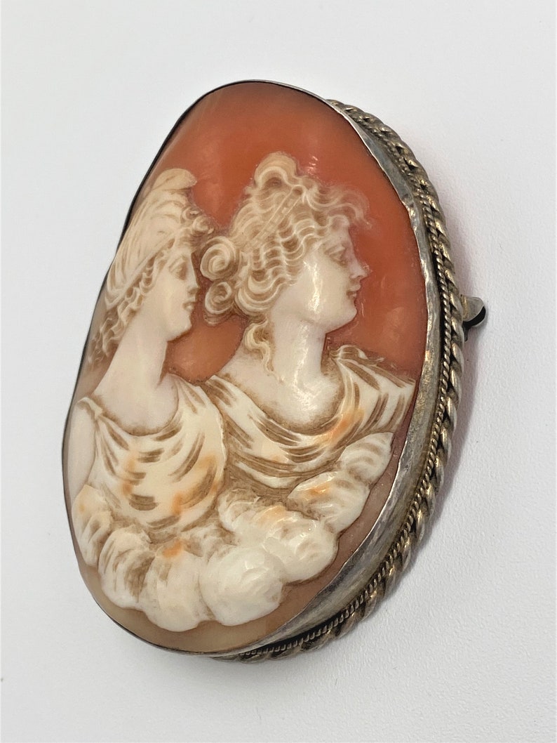 Antique Exceptional Details Large Victorian Sterling Cameo Two Ladies Brooch image 4