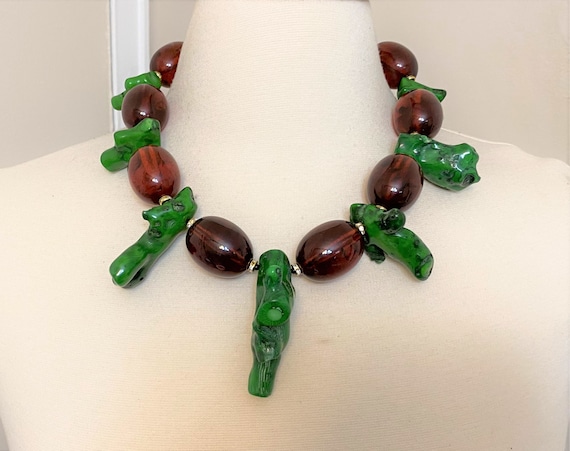 Gorgeous Acrylic Brown Beads & Green Coral With Rhinestone Rondelles Necklace