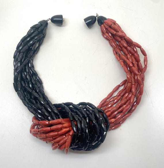 ANGELA CAPUTI Black & Coral Color Acrylic Beads Multi Strand Necklace