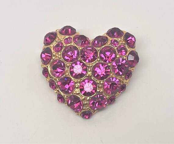 Vintage French Gold Tone Hot Pink Rhinestones Heart Pin Brooch