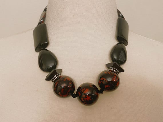 ANGELA CAPUTI Black & Red Resin, Black Rhinestones Necklace