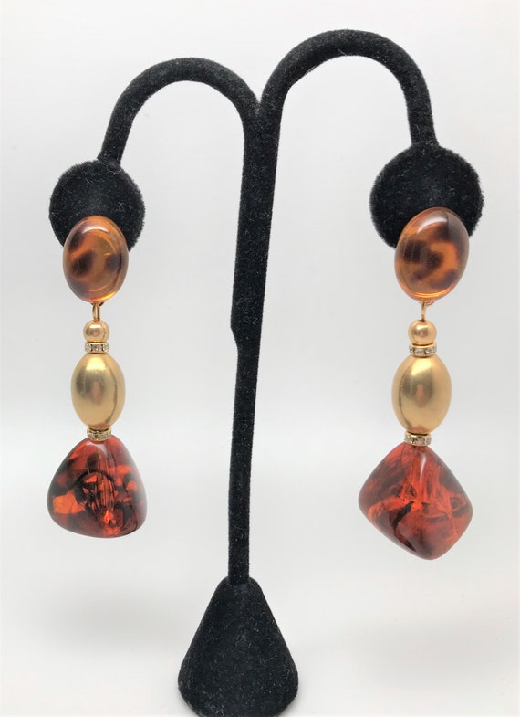 Stunning Gold Tone Tortoise & Rhinestone Rondelles Dangle Pierced Earrings