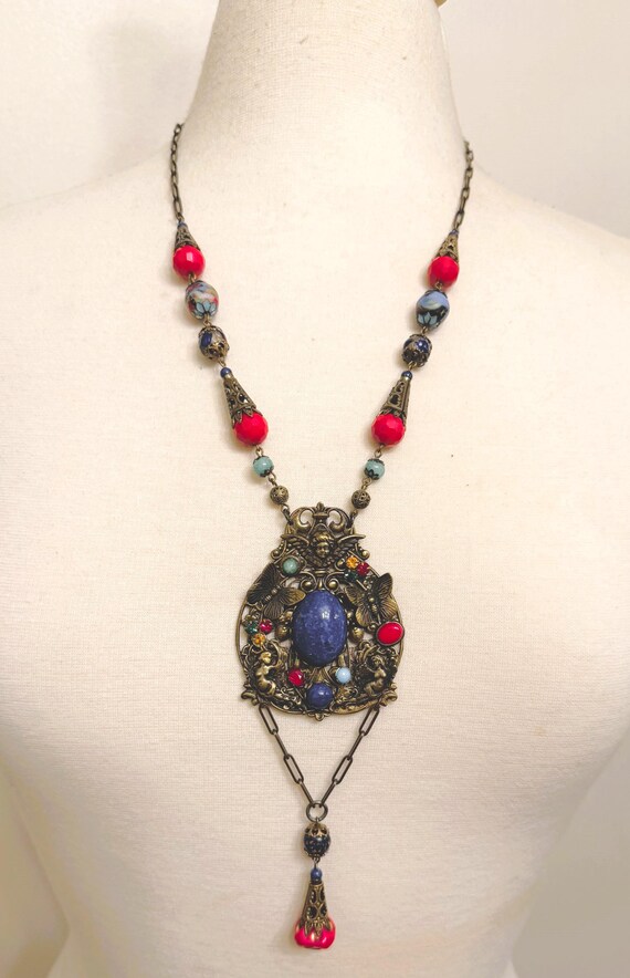 Vintage Art Nouveau Blue & Red Glass Czech Filigree Pendant Statement Necklace