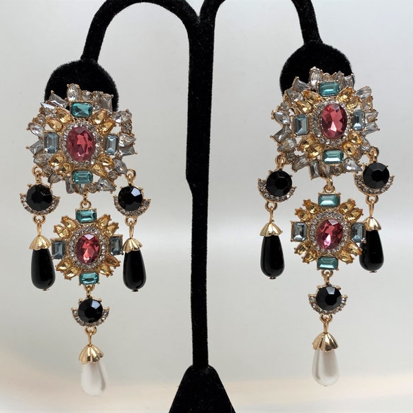 Stunning Art Deco Style Multi Color Rhinestones Pierced Long Earrings 4"