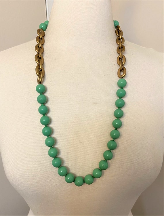 Vintage Green Beads & Satin Gold resin Chain Necklace
